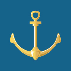 Gold flat anchor isolated on a blue background, silhouette marine equipment, travel and tourism concept, vector illustration