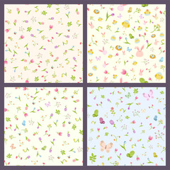 Happy Easter ornaments and decorative elements. Set of vector seamless pattern. Eggs, chickens, rabbit, flowers, nest