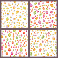 Set of vector seamless pattern with easter eggs and cupcakes. Perfect for decorating Easter and spring greeting cards.