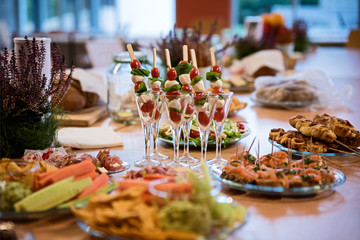 Close up of snacks and fingerfood on the table. Food for events.
