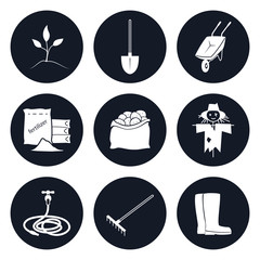 Set of black round icons garden tools and equipment , agricultural tools , vector illustration