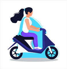 Fototapeta na wymiar Girl biker vector. Motorcyclist is driving scooter. Woman is riding moped