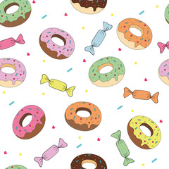 cartoon stylized delicious mouth-watering little glazed donuts with sweet decor and candy, seamless vector color pattern on white background