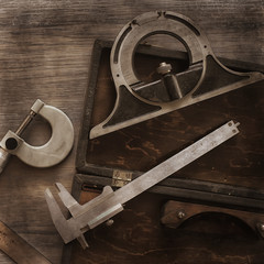 drawing tools, concept engineering project vintage / compass pencil paper education drafting