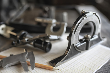 drawing tools, concept engineering project vintage / compass pencil paper education drafting