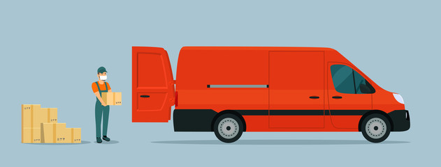 Worker in a medical mask loads boxes in a cargo van. Vector flat style illustration.
