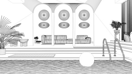 Blueprint project draft of contemporary living room with pool, sofa, carpet, decors, steps and potted plants, copper pendant lamps. Interior design atmosphere, architecture idea