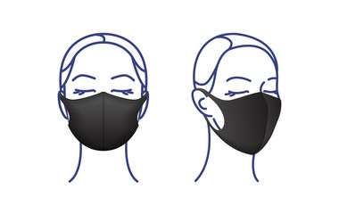 Protective mask. Dust mask on woman face. Air pollution vector illustration