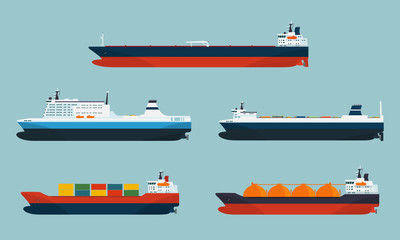 Set of cargo and passenger ships. Vector flat style illustration.