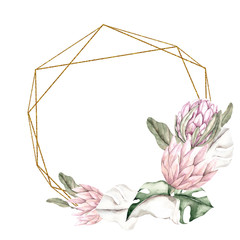 Frame with watercolor hand draw tropical leaves and flowers, isolated on white background, for cards, print, invitations