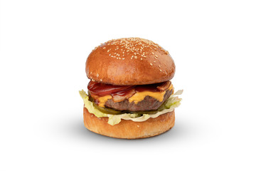Beef burger with pickles, tomato, cheese, salad