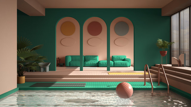 Colored contemporary living room with pool, pastel turquoise colors, sofa, carpet, decors, steps and potted plants, copper pendant lamps. Interior design atmosphere, architecture idea
