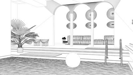 Blueprint project draft of contemporary living room with pool, sofa, carpet, decors, steps and potted plants, copper pendant lamps. Interior design atmosphere, architecture idea