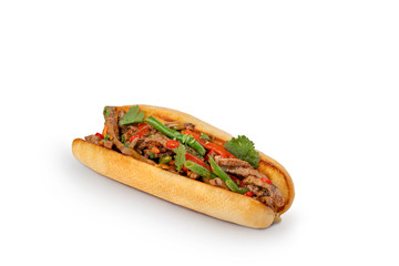 Hot dog with asparagus and minced meat with bell pepper