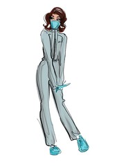 Obraz premium Cute girl in a virus-protective suit mask and gloves For motivation 