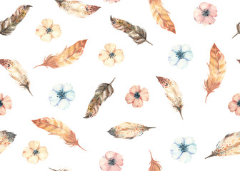 Watercolor hand drawn seamless pattern with flowers, leaves, branches, feathers. Boho stile. Flowers print on white background.
