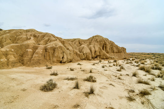 spanish landscape view of european countryside in bardenas reales desert park spain.