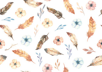 Watercolor hand drawn seamless pattern with flowers, leaves, branches, feathers. Boho stile. Flowers print on white background.