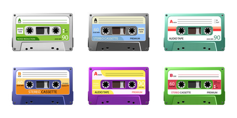 Obraz premium Vintage tape cassette. Retro mixtape, 1980s pop songs tapes. disco dance audiocassette, analogue player record cassette.Vector old school music cassette for media player