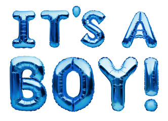 Phrase IT'S A BOY made of blue inflatable balloons isolated on white background. Blue foil helium...