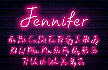 Glowing neon script alphabet. Neon font with uppercase and lowercase letters. Handwritten english alphabet with neon light effect