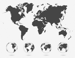 Fototapeta na wymiar Set of transparent globes of Earth. World map template with continents. Realistic world map in globe shape with transparent texture and shadow. Abstract 3d globe icon