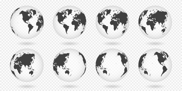 Set of transparent globes of Earth. Realistic world map in globe shape with transparent texture and shadow. Abstract 3d globe icon