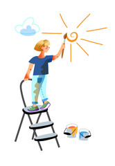 Fototapeta premium Vector character little girl drawing sun on wall