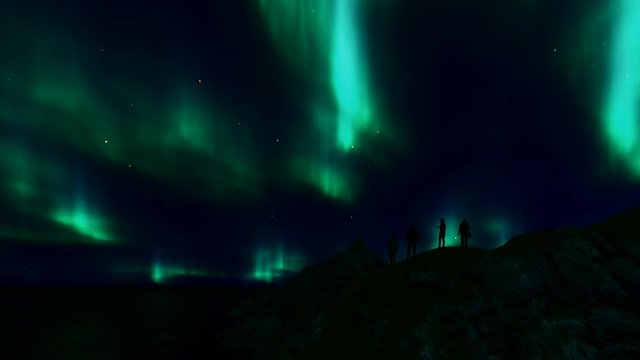 People silhouettes northern lights. Nordic nature landscape concept. 4k