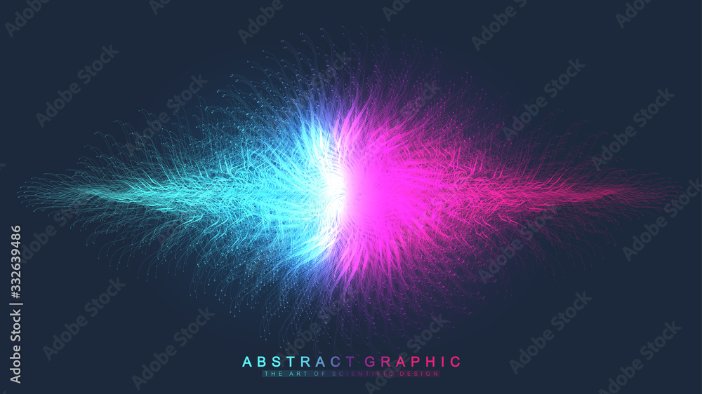 Fototapete Abstract dynamic motion lines and dots background with colorful particles. Digital streaming background, wave flow. Plexus stream background. Big Data technology, vector illustration