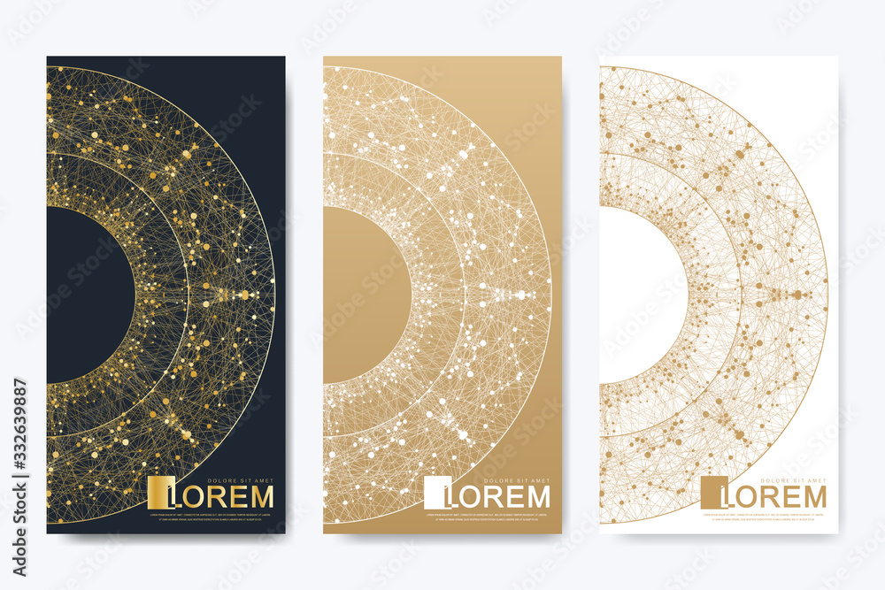 Poster Modern set of vector flyers. Geometric abstract presentation with golden mandala. Molecule and communication background for medicine, science, technology, chemistry.