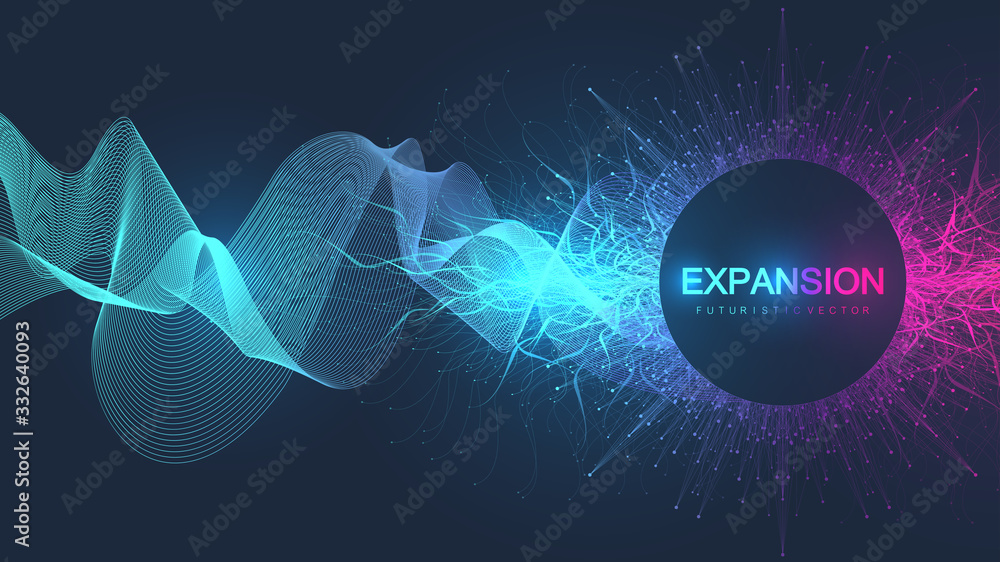 Poster Abstract scientific background with dynamic particles, wave flow. 3D data visualization with fractal elements. Cyberpunk style. Digital vector illustration