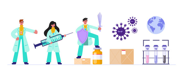 Epidemiology medical set chemistry laboratory workers, tiny bacteria virus, test tubes and injection. Tiny bacteria pandemic outbreak research. Sanitary condition prevention. Cartoon flat illustration