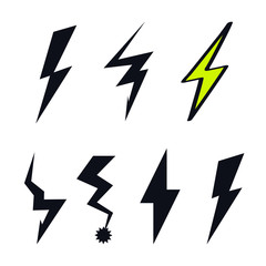 Lightning icon logo. Flash sign. Doodle. Creative cartoon design. Modern, children's style. Fashion print for clothes, cards, picture, poster, banner for websites. Vector illustration