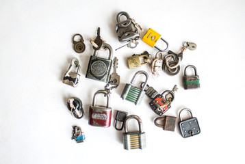 vintage locks and keys on a white background