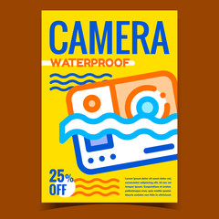 Waterproof Camera Promo Advertising Banner Vector. Water Protective Video Camera Device. Go Pro Electronic Gadget In Swimming Pool Or Sea Concept Template Stylish Color Illustration