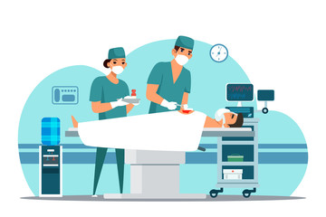 Vector character doctor surgeon operating patient - obrazy, fototapety, plakaty