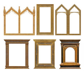 Set of golden and wooden gothic frames for paintings, mirrors or photo isolated on white background