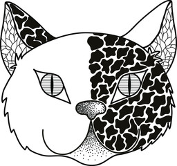 Vector graphics. Image of a cat's head with black spots on a white background.