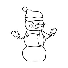 Smiling snowman in hat, mittens, scarf waving his hands. Linear icon for Christmas, New Year holidays. Illustration design for greeting card, poster, invitation, packaging. Contour isolated vector