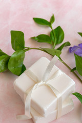 Handmade soaps with wild flowers extract. Hygiene, artisanal products