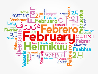 February in different languages of the world, word cloud concept background
