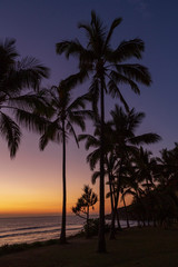 Fototapeta na wymiar Coucher de soleil sur l'île de la réunion au bord d'une plage avec des palmiers