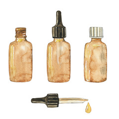 Glass brown bottles with dropper for essential oil isolated on white background. Watercolor hand drawing illustration for cosmetic design. Clip art.