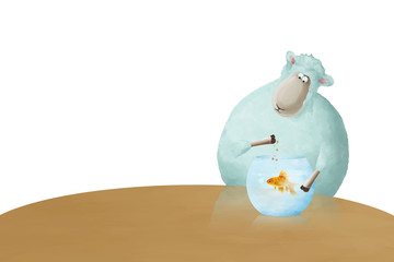Funny cartoon sheep feeds small fishes. Nice positive illustration about pets care