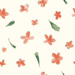 Vector Spring watercolor orange Flowers and leaves seamless pattern