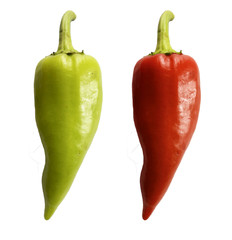 Red and green peppers isolated on white background as illustration of vegetables and vegan nutrition healthy food