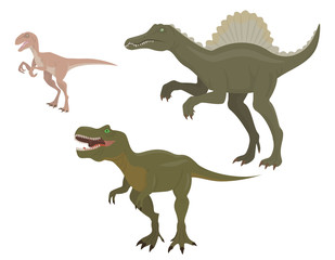 Set of predatory dinosaurs. Velociraptor, spinosaurus and tyrannosaurus in cartoon style.