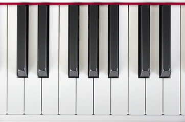 close-up of piano keys. close frontal view, black and white piano keys, viewed from above