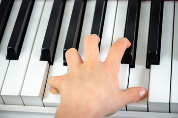 close-up of piano keys. close frontal view, black and white piano keys, viewed from side, musician hands playing piano, concept for live music festival. classical music, Instrument on stage